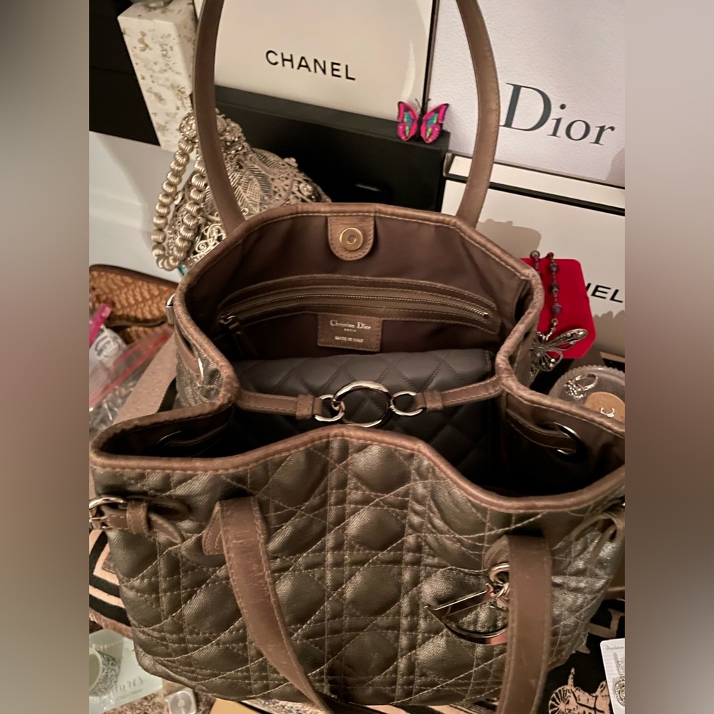 ✨SOLD✨Christian Dior Panarea Cloth Quilt Metallic Gray Tote Bag Silver Hardware - Picture 14 of 16
